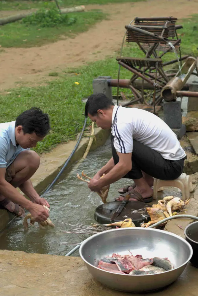 Men washing chicken and fish in a freshwater stream