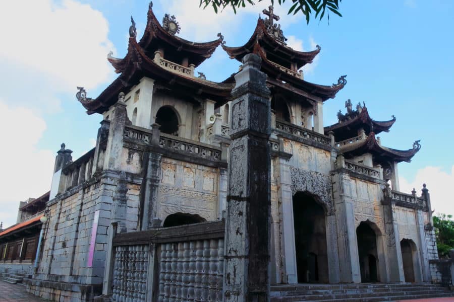 Looking up at the front of the Phat Diem complexin Nam Dinh, Vietnam