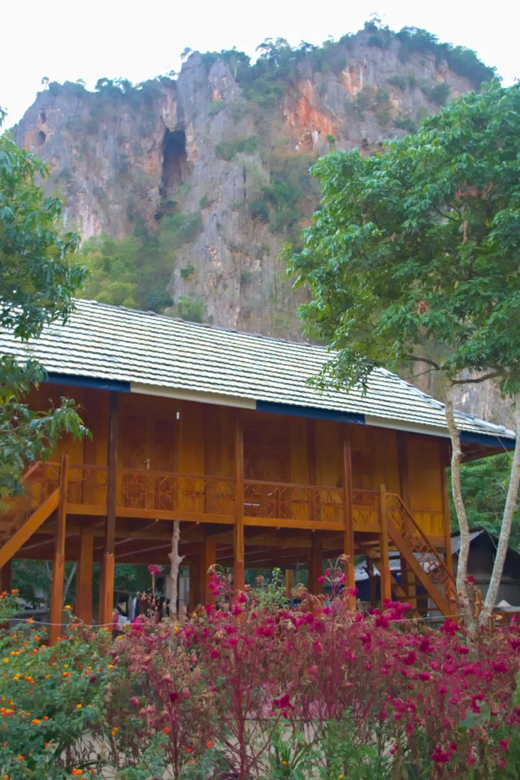 Thai stilt house in front of a mountain in Hoa Binh,Vietnam
