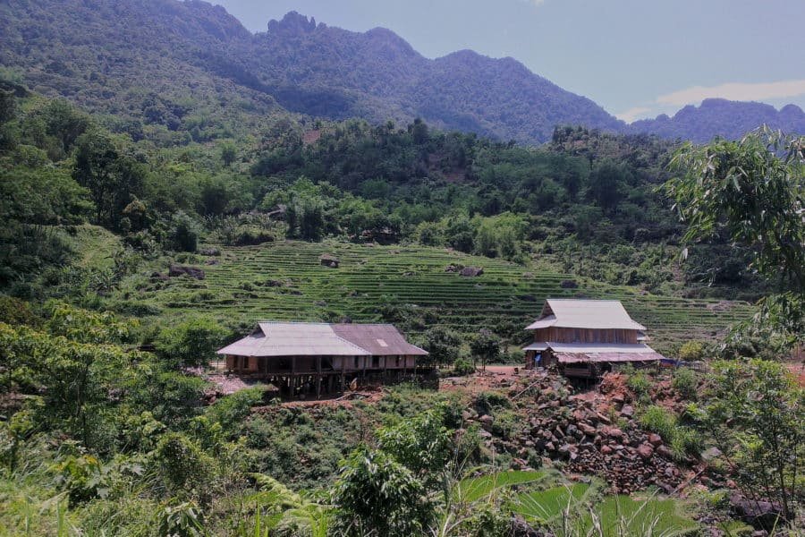 Minority stilt housing on a mountain  in Pu Luong nature reserve