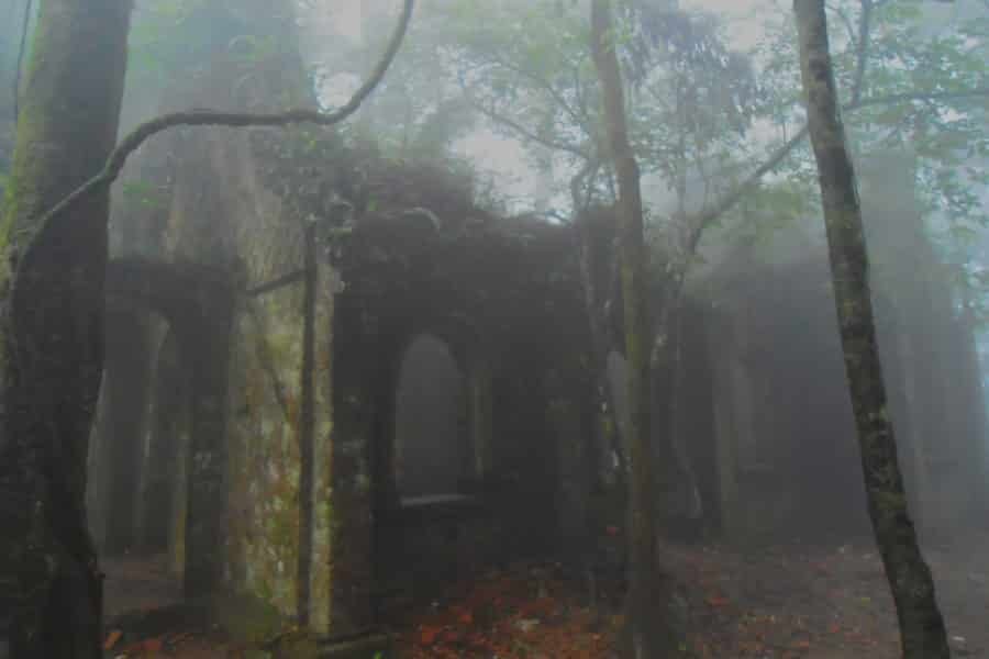 Stone church ruins surrounded by fog and trees in winter