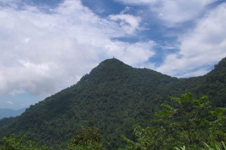 A forested hill topped with a pagoda at its summit