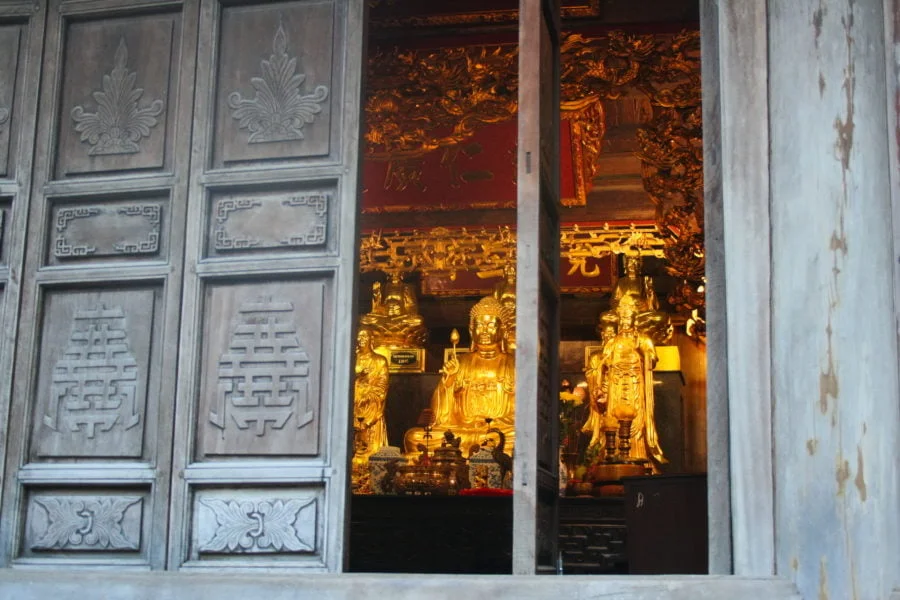 Looking into a temple door at Trang An in Ninh Binh