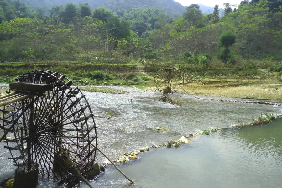 Water wheels on a larger river in Nghe An, Vietnam