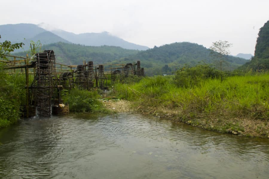 A group of water wheels in north Vietnam as seen on a motorbike tour