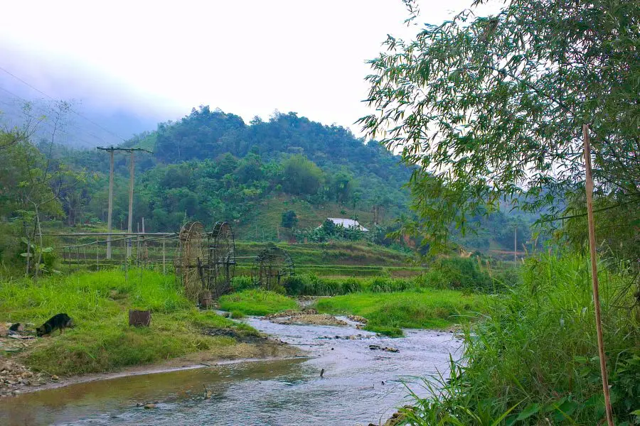 Water wheels on a stream at Pu Luong, Vietnam