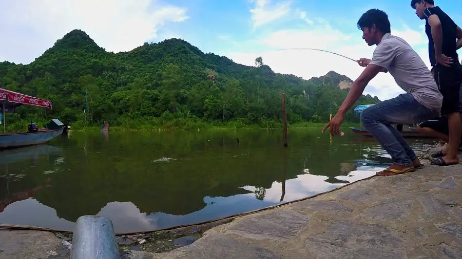 A man catching a fish with a small bamboo rod in Vietnam