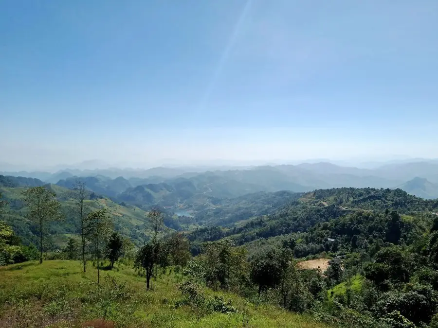 A view of green mountains in Son La, Vietnam on a sunny day
